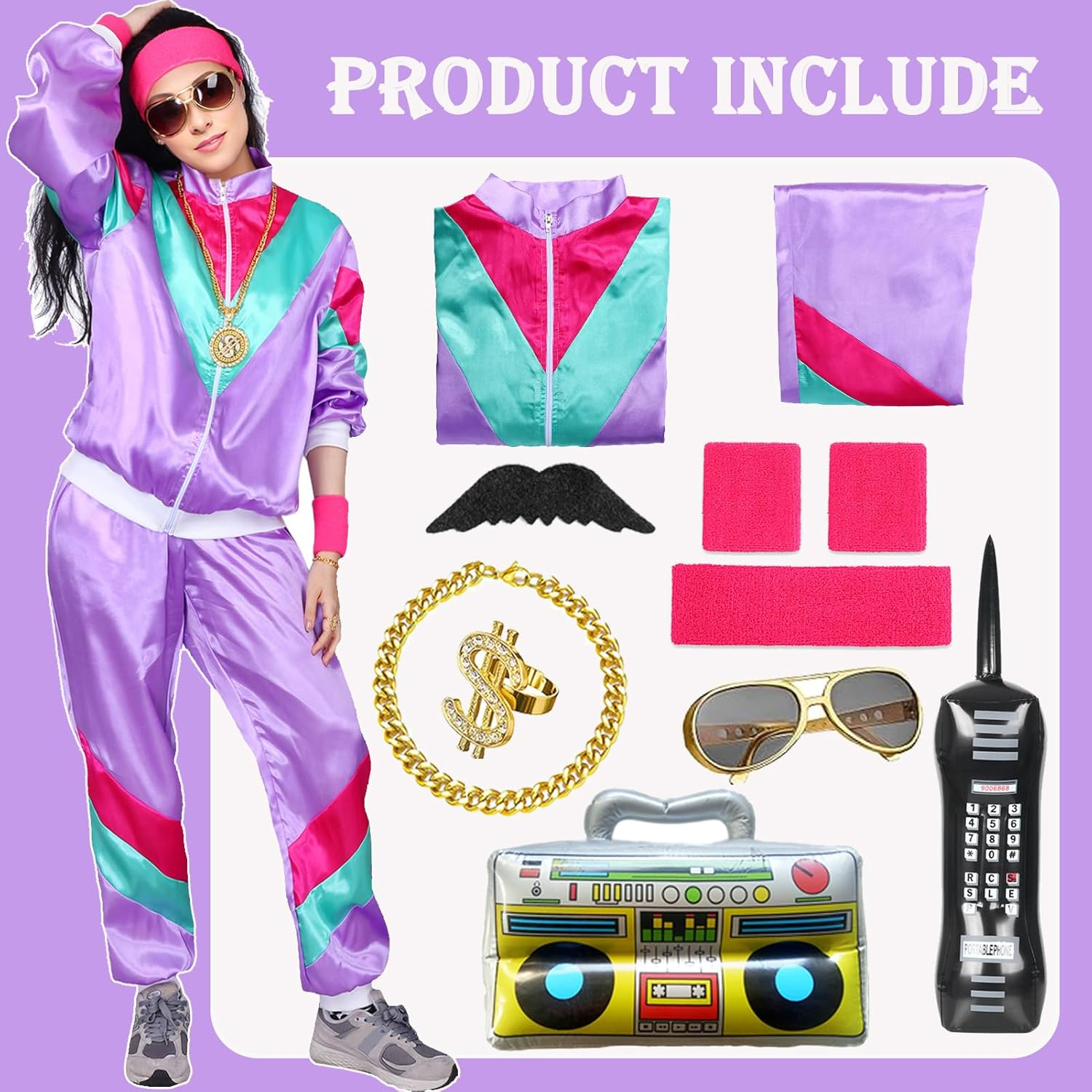 Shell Suit Costume Set 80S Fancy Dress Men Women Tracksuit with Glasses Headband Wristbands for Carnival Parties Halloween