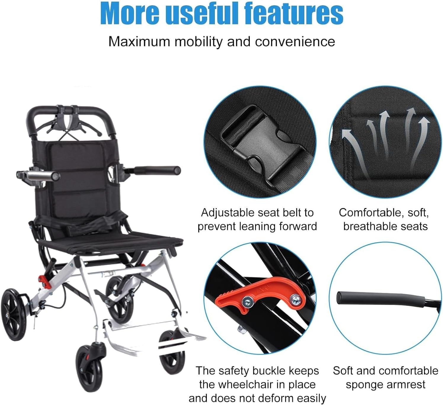 Lightweight Wheelchairs with Handbrake Ultralight Folding Travel Wheelchair Portable Compact Wheelchair for Adults, 8" Rear Wheels (White) image number 2