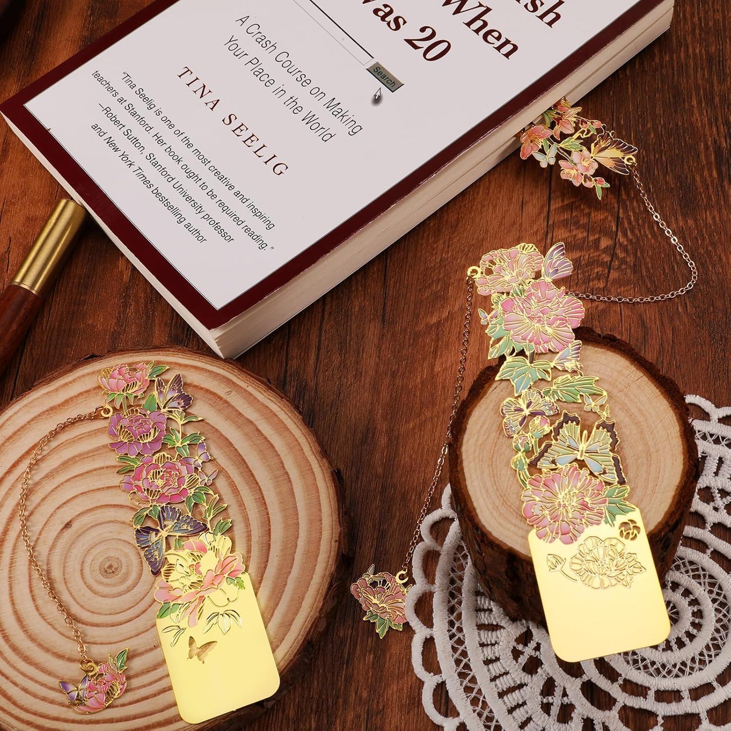 Sgbvzbd 3 PCS Metal Bookmarks, Bookmarks for Reading Women, Pretty Bookmarks for Women, Beautiful Metal Bookmark, Beautiful Flower Bookmark, Peach Blossom, Cottonrose Hibiscus, Peony (BKM-050-001)