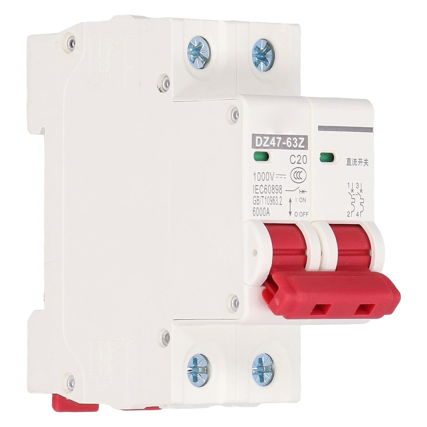 DC Miniature Circuit Breaker, Din Rail Mount Disconnect Switch Low Voltage Breaker Protector Thermal Magnetic Trip 2 Pole 1000V 20 Amp Isolator Suitable for Solar Panels Grid System image number 4