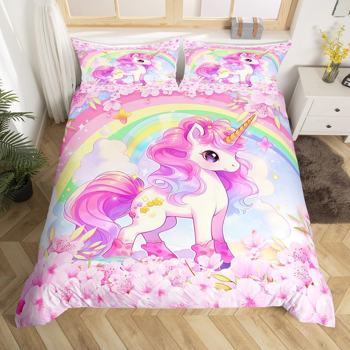 Cartoon Unicorn Kids Duvet Cover Set Queen Size,Sakura Cherry Blossom Japanese Bedding Set,Girls Women Room Decor,Rainbow Unicorn Cute Comforter Cover,Pink Purple Romantic Quilt Cover,2 Pillowcases