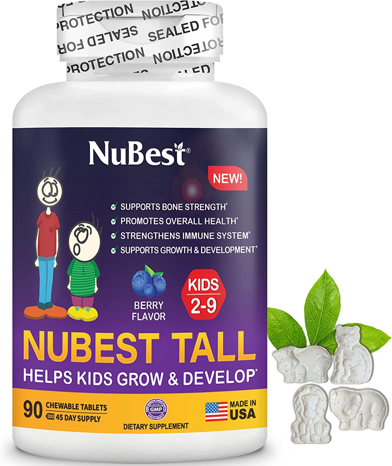 Nubest Tall Kids - Helps Kids Grow & Develop Healthily - Immunity & Bone Strength Support - Multivitamins & Minerals for Kids Ages 2 to 9 - Animal Shapes - 90 Chewable Berry Tablets | 1.5 Month Supply image number 6