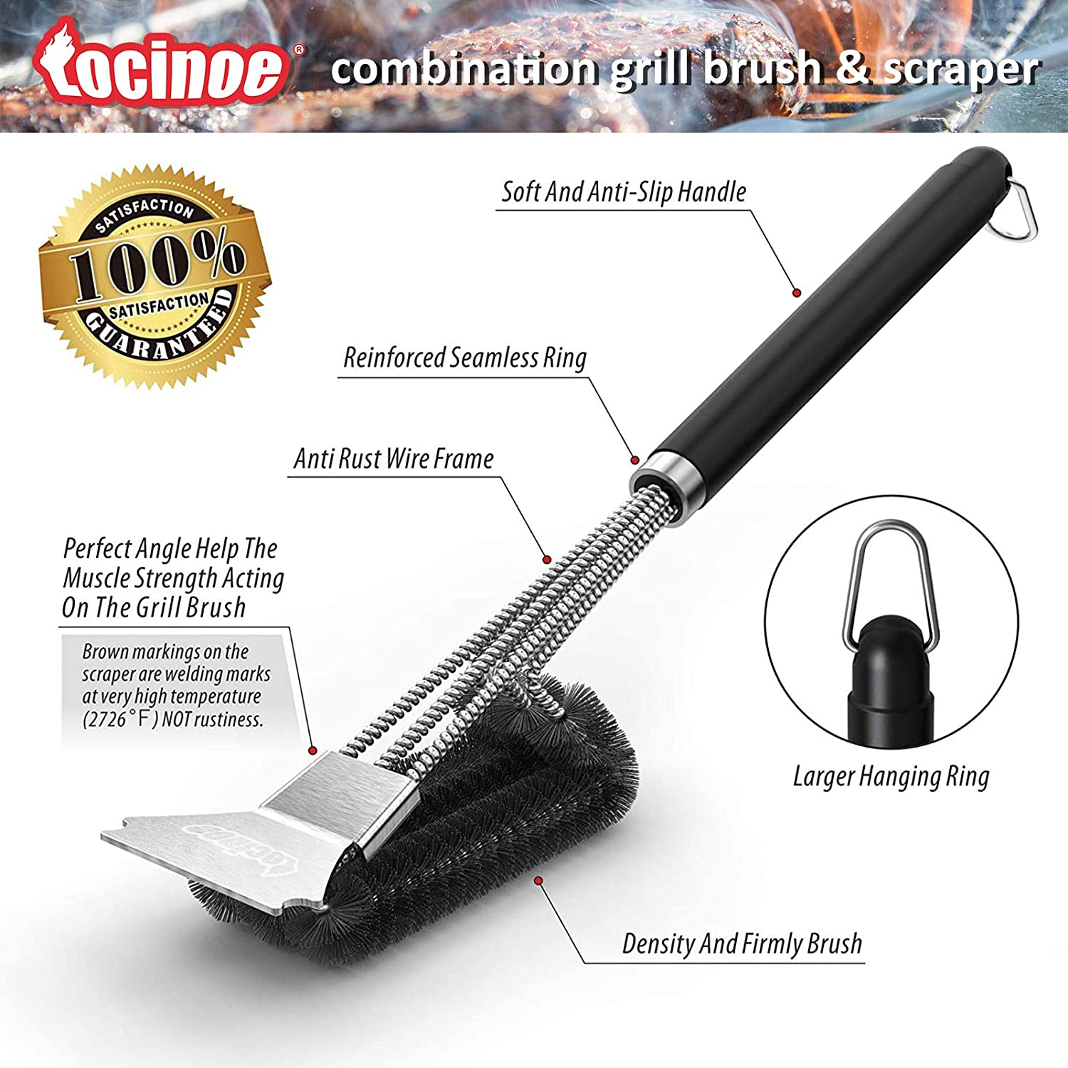 Grill Brush and Scraper - Extra Strong BBQ Cleaner Accessories - Safe Wire Bristles 18" Stainless Steel Barbecue Triple Scrubber Cleaning Brush for Gas/Charcoal Grilling Grates, Wizard Tool&hellip; image number 6