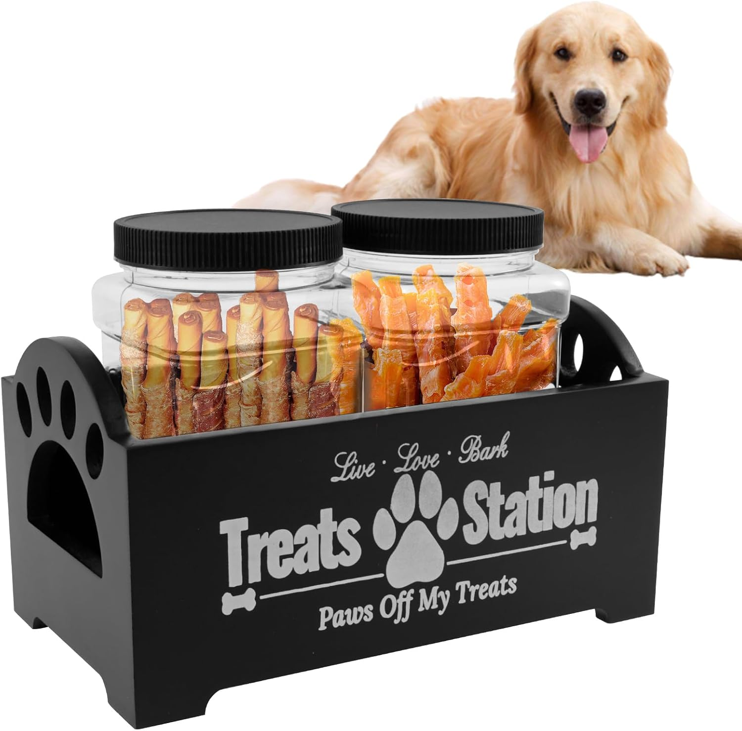 Dog Treat Container,Dog Food Storage Wood with 2 Plastic Jars,Dog Cookie Jar for Dog Food Storage for Pet Owners and Lovers (White)