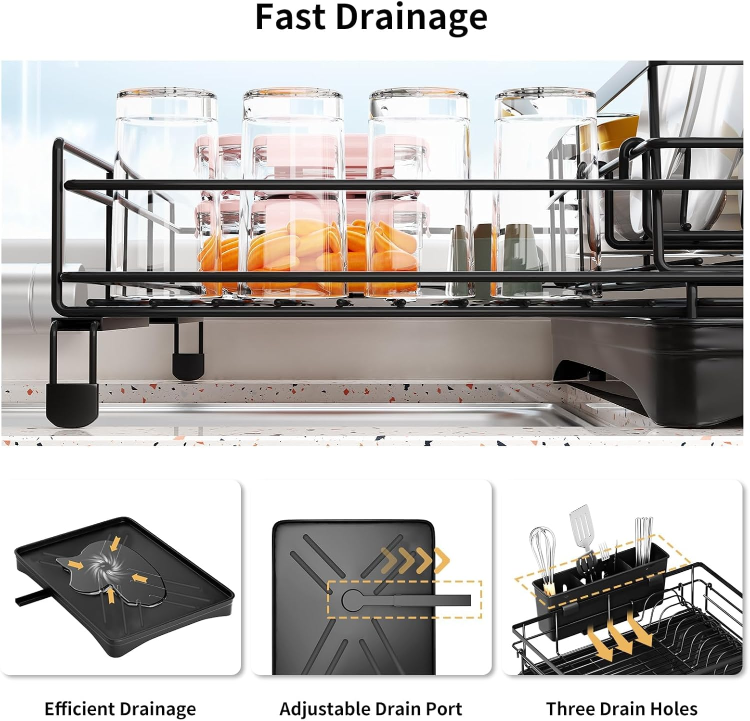 Koreal Dish Drying Rack, Extendable Dish Racks for Kitchen Counter, Stainless Steel Kitchen Drying Rack with Cutlery Holder, Movable Black Dish Drainer with Drainboard & Drainage Spout
