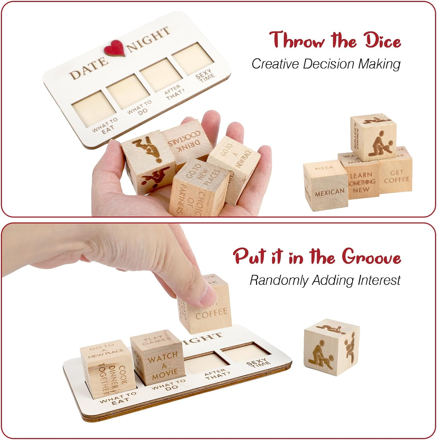 Wooden Date Night Dice, Romantic What to Do Date Night Couples Games with Pouch Storage, Novelty Action Decision Dice Games Date Night Ideas for Couples, Valentine'S Day, Birthday image number 2