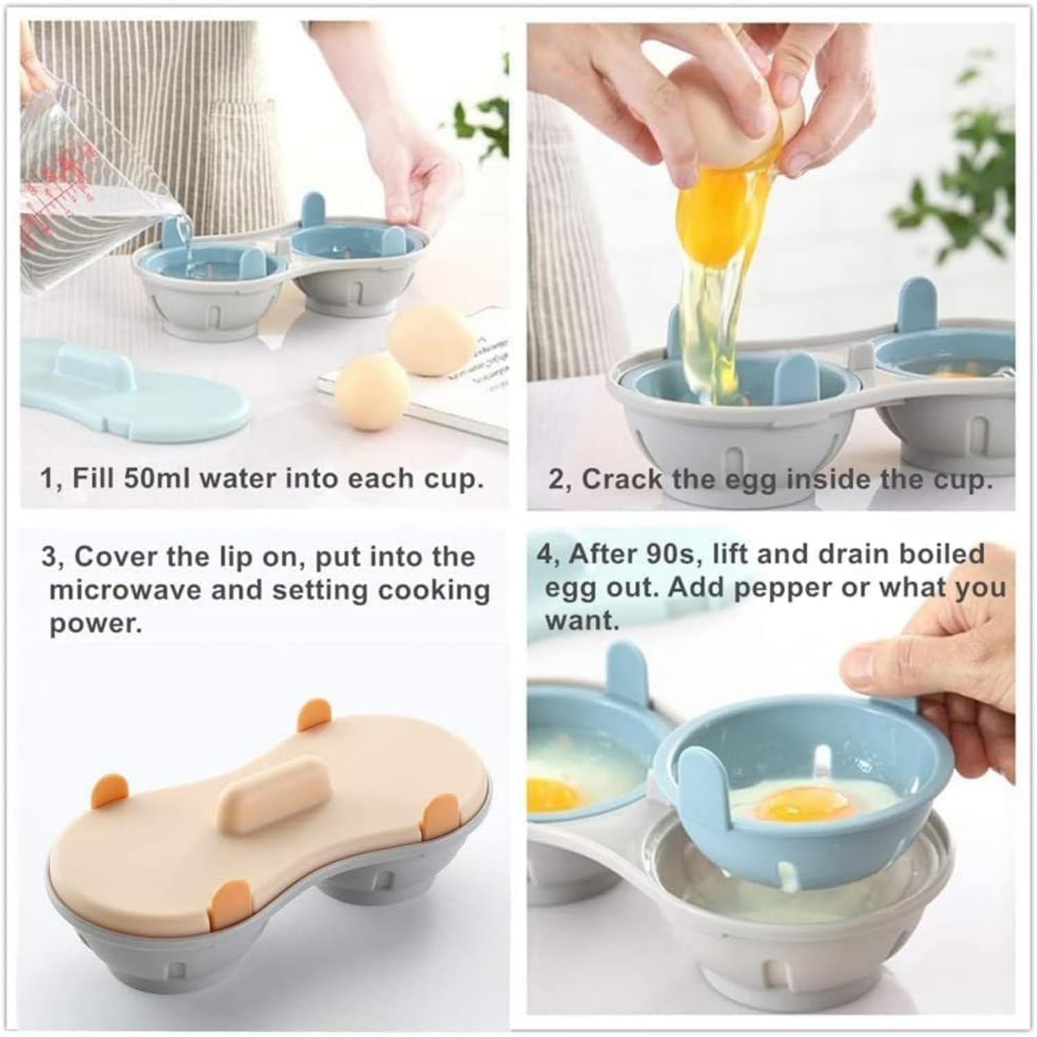 Egg Poacher Microwavable, Microwave Egg Cooker, Breakfast Double Row Egg Cooker, Heat Resistant Egg Maker Poached Egg Steamer Kitchen Gadget (Orange+Blue) image number 6