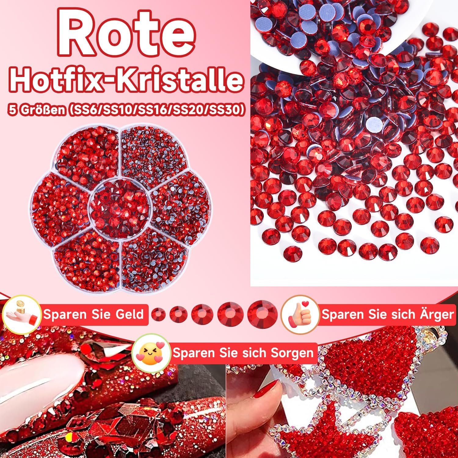 Liliume 5000 X Hotfix Rhinestones 21 Colours 5 Sizes SS6-SS30 Rhinestones for Textiles DIY Crafts (Red) image number 6