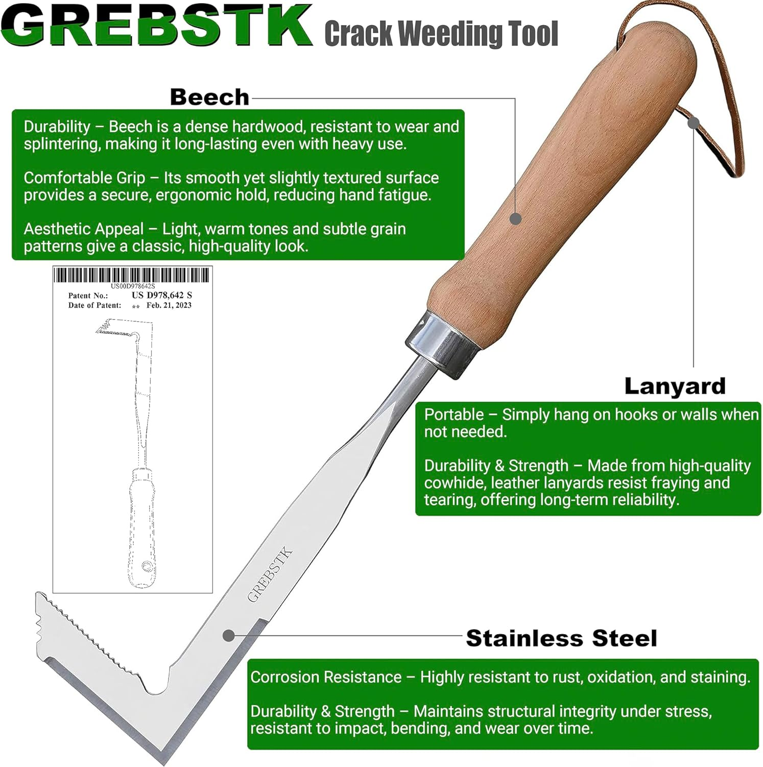 GREBSTK Crack Weeder Beech Handle Stainless Steel Lawn Yard Gardening Tool