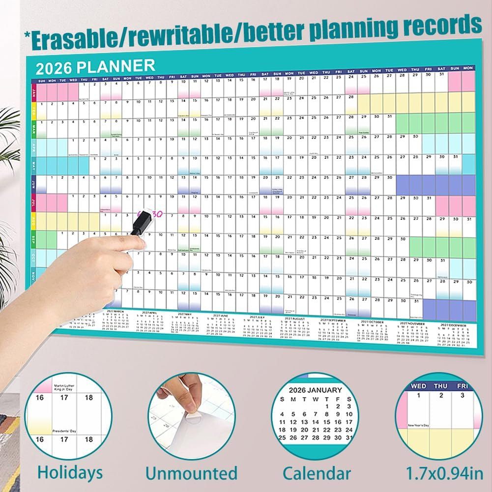 Geli 2026 Planner with 155 Pieces Sticker and 4 Marker Pens, Erasable Wall Calendar, 92 X 61 Cm, Academic Year Planner, January to December image number 6