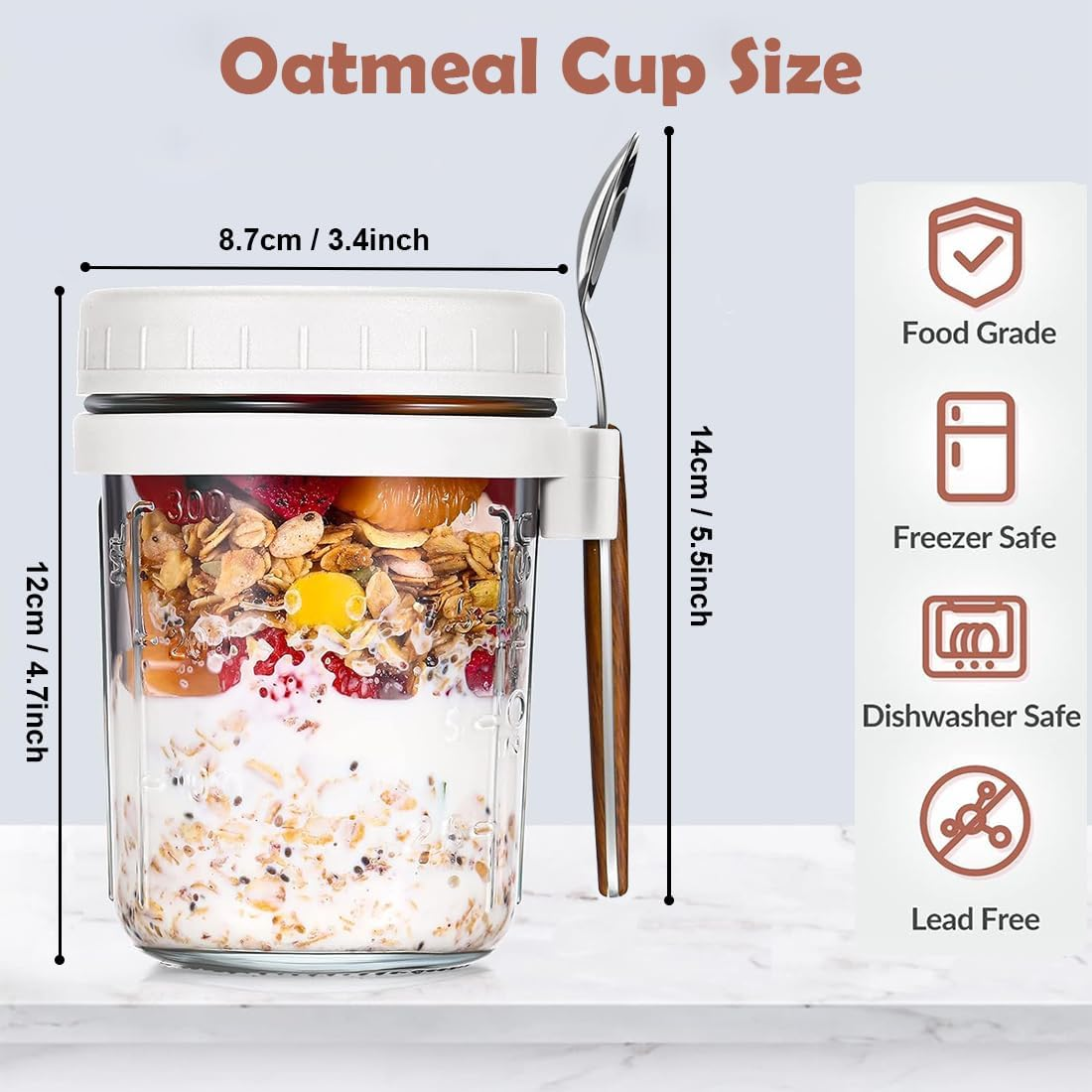 Overnight Oats Container Jars, Airtight Oatmeal Container with Lids and Spoons, 12Oz Glass Food Storage Containers for Milk, Cereal, Fruit, Yogurt Containers (4Pcs) image number 1