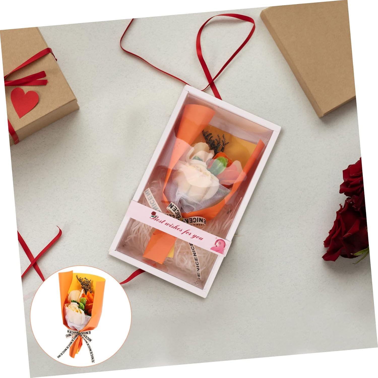 CANIGHT 1 Set Rose Bouquet Box Garland Glitter Rose Bouquet Happy Valentines Day Balloon Room Valentines Bouquet Red Carpet Party Decorations Artificial Wisteria LED Rose Cloth Orange image number 5