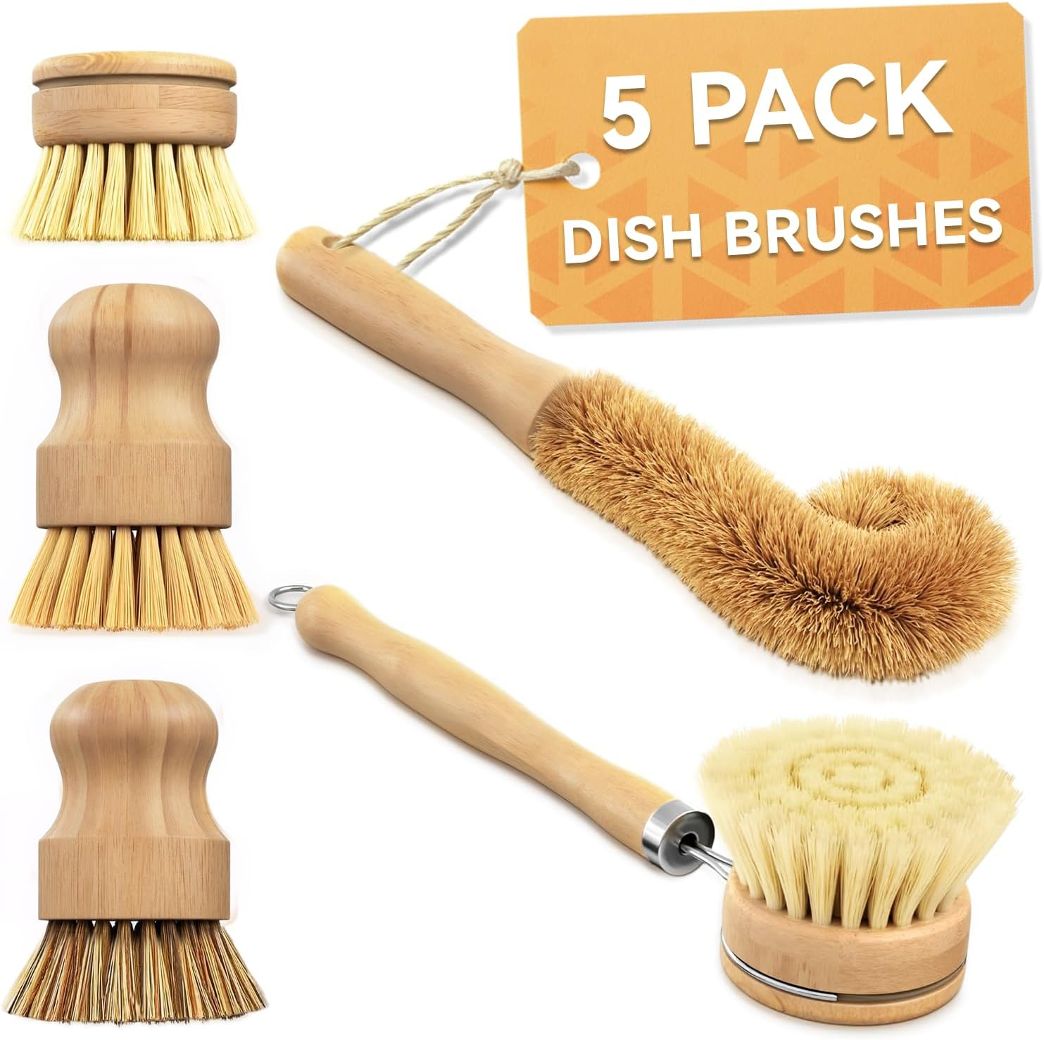Sashion Bamboo Dish Brush Set - 5 Pack Wooden Dish Brush Scrubber Brushes, Soft Sisal Dish Scrubbing Brush with Handle, Palm Scrub Brush and Straw Brush, Fruit Vegetable Cleaning Brushes image number 5
