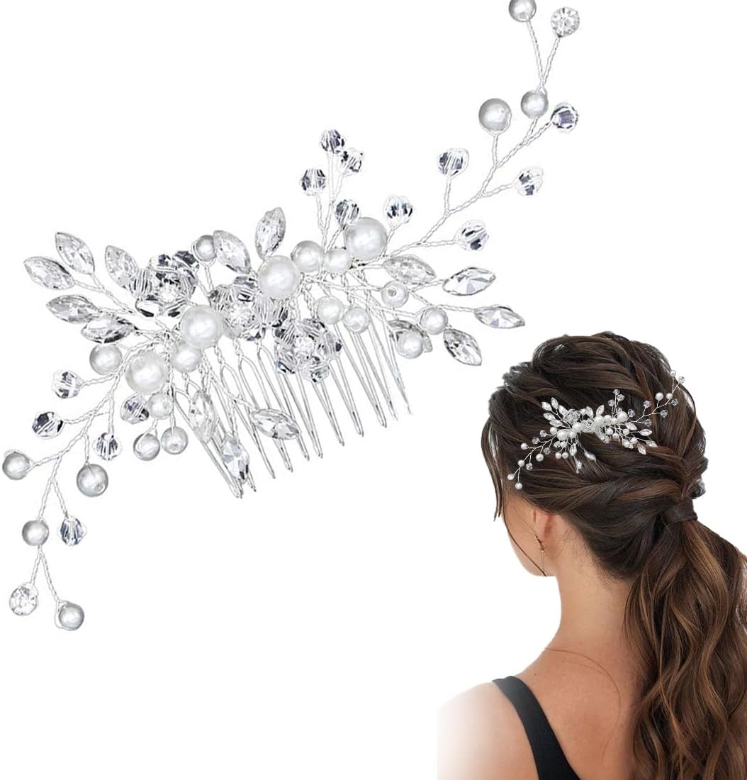 Flower Wedding Hair Comb Silver Pearl Headpiece Bridal Hair Accessories for Women and Girls