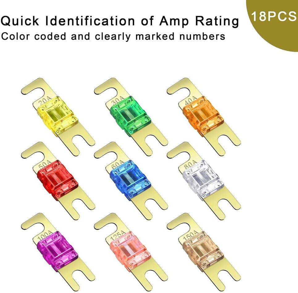 Elqater 18 Pieces Mini ANL Fuse, Plated ANL Fuse Pack (20A, 30A, 40A, 50A, 60A, 80A, 100A, 125A, 150A) for Automotive Marine Easy to Use image number 1