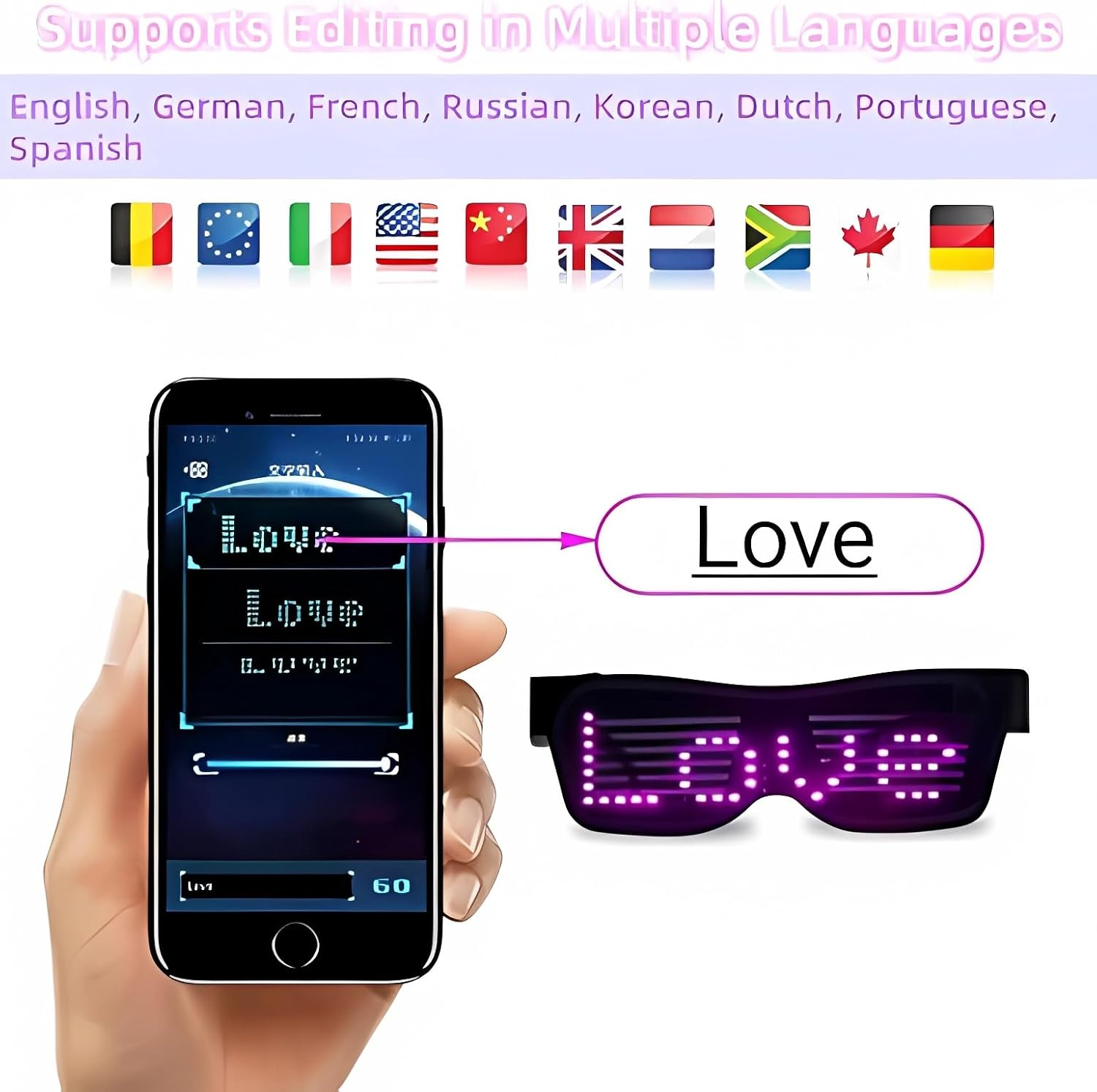 Queen.Y LED Glasses Customizable Bluetooth APP Connected LED Display Smart Glasses USB Rechargeable DIY Funky Eyeglasses for Nightclub Party Stage DJ Halloween image number 2
