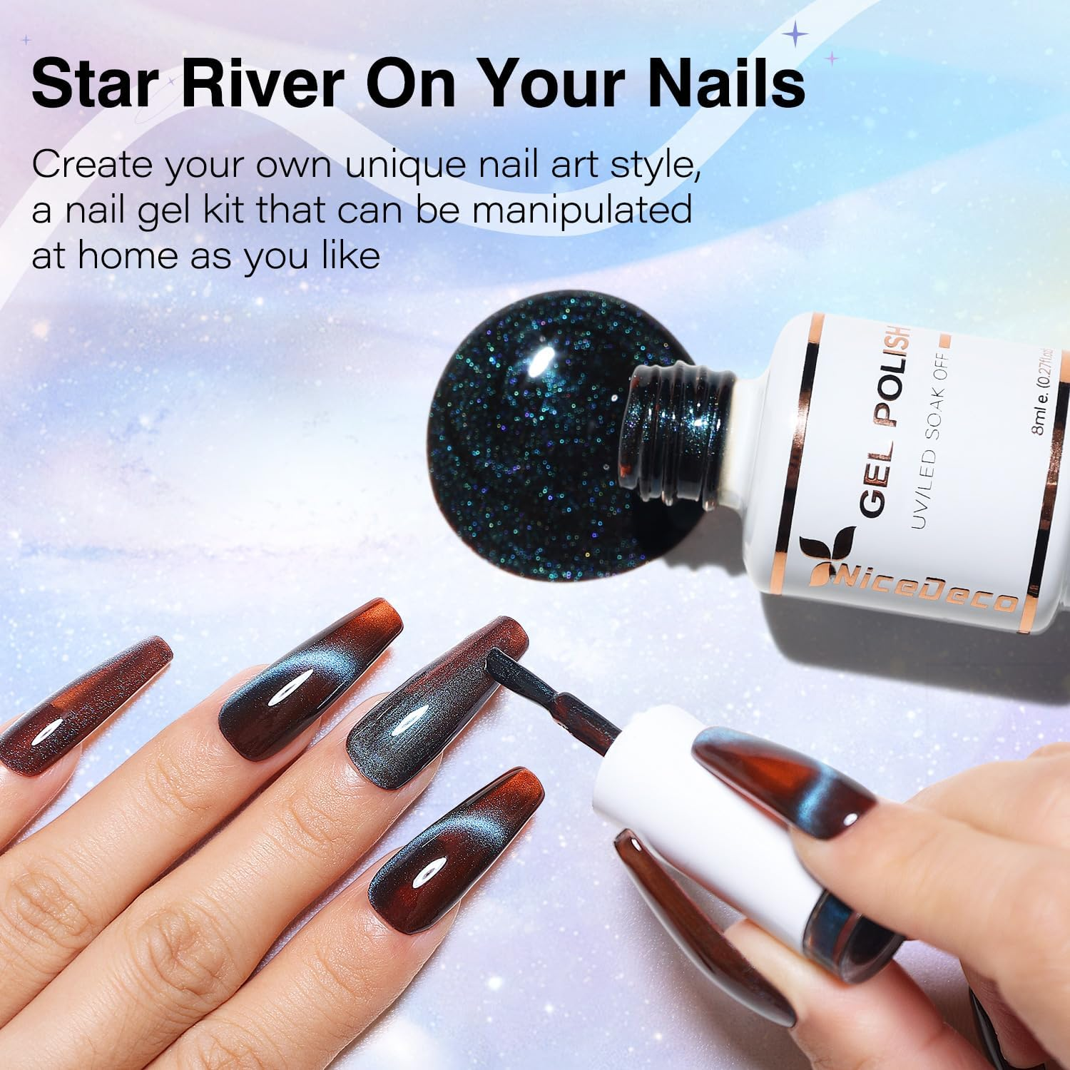 Nicedeco Hema Free Cruelty Free Vegan Cat Eye Gel Nail Polish, High Gloss Long Lasting Soak off LED U V Gel Polish 6 Colors Set 43 - Nset6-43 image number 2