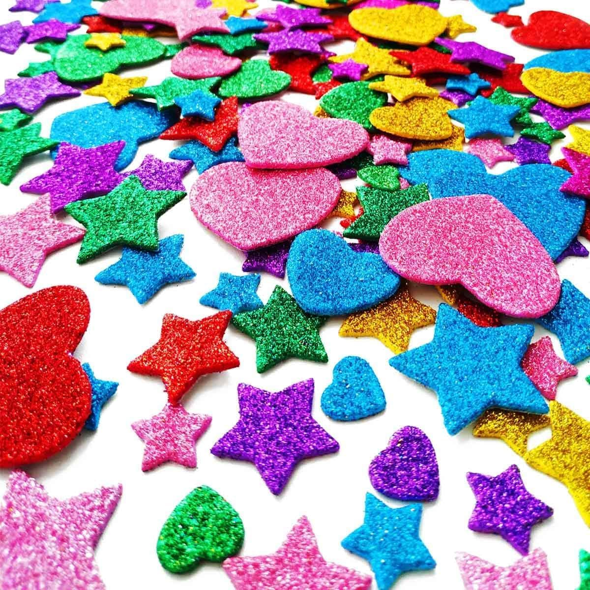 300 Pieces Colorful Glitter Foam Stickers Self Adhesive Stars Mini Heart Shapes Glitter Stickers, Kids Arts Craft Supplies Greeting Cards Home Decoration Stars&Heart Shapes,Valentines Stickers image number 6