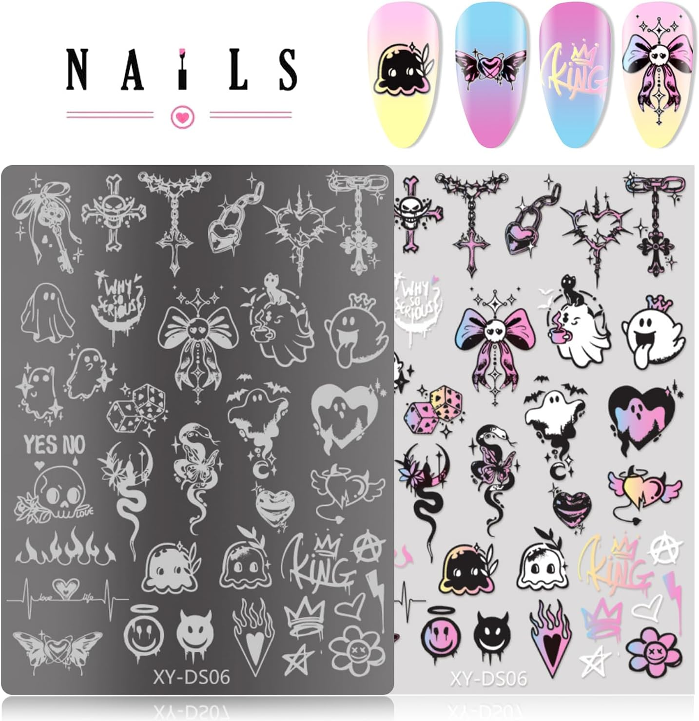 4Pcs Gothic Cute Nail Stamping Plate Set - Dark Kawaii Nail Art Templates, Stainless Steel Spooky Sweet Nail Stamp Plates with Skull & Lace Patterns for DIY Manicure Printing Tools image number 4