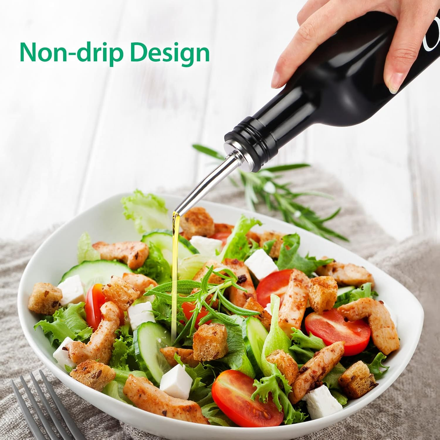 2 Pieces Oil and Vinegar Dispenser Set,Black & White Olive Oil Bottle Dispenser with Caddy Holder and Stainless Steel Spout,17Oz Cute Vintage Glass Cruet Set for Farmhouse Kitchen（Black） image number 5