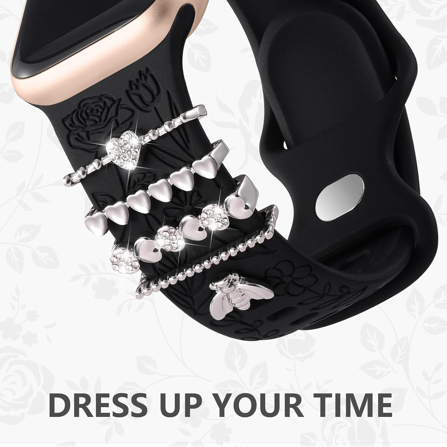 Witzon Flower Engraved Band Compatible with Apple Watch Bands 38Mm 40Mm 41Mm for Women, Soft Silicone Sport Band with Decorative Apple Watch Charms for Iwatch Series 9 8 7 6 5 4 3 2 1 SE (With Band)