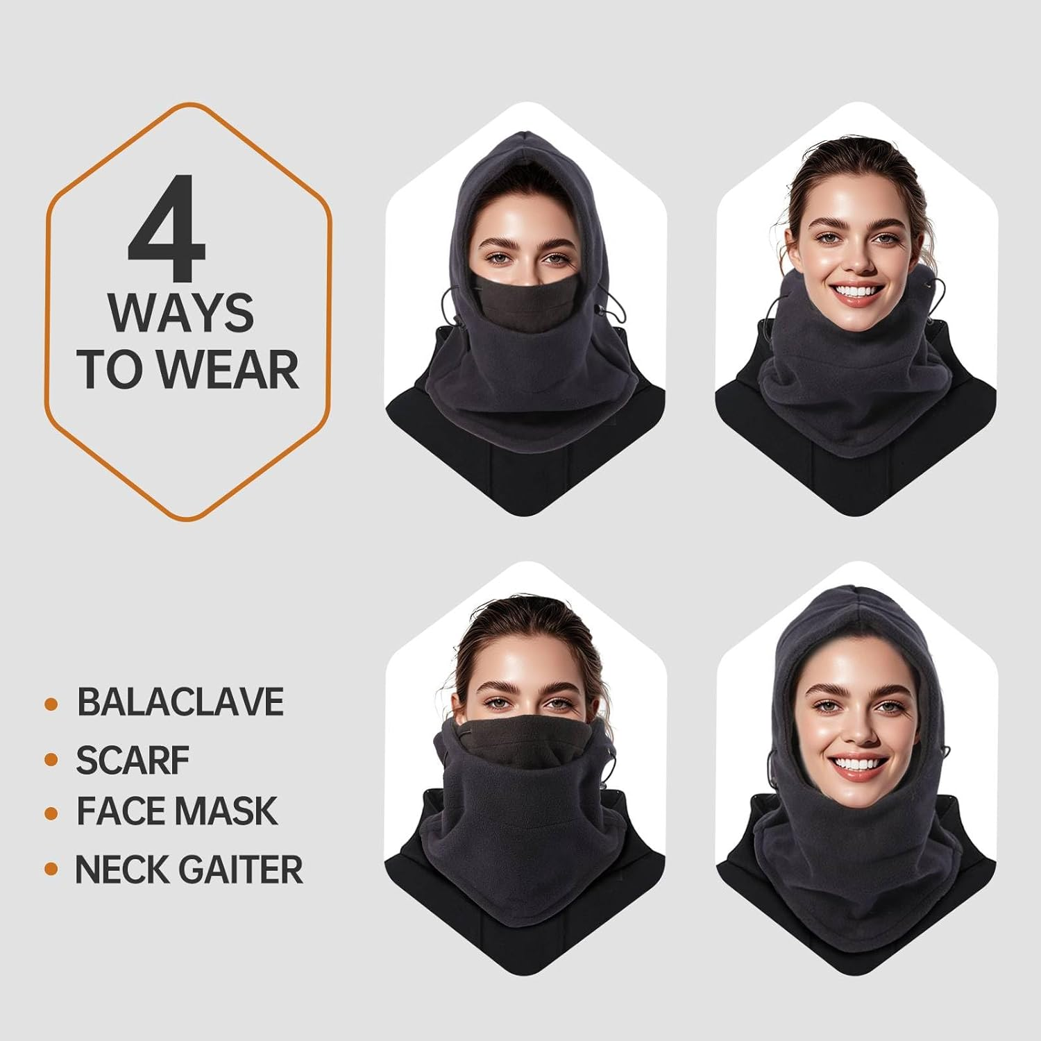 Balaclava Face Mask for Men Women: Thermal Polar Fleece Hood Windproof Ski Mask with Adjustable, Convertible Warm Face Cover Hat Scarf - Grey/Black image number 4