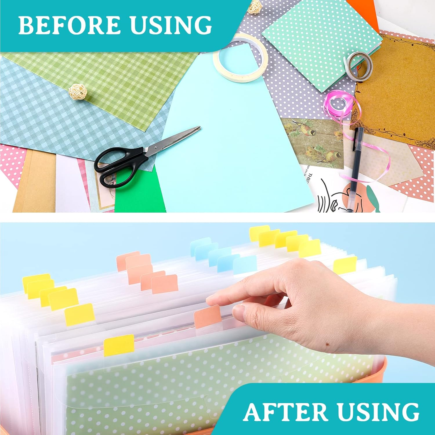 Caydo 50 Pieces Scrapbook Paper Storage with Buckle Design, Clear Scrapbook Paper Organizer with 120 Pieces Sticky Index Tabs for 12X12 Scrapbook Paper, Vinyl Paper, Photos (SC-022S) image number 5