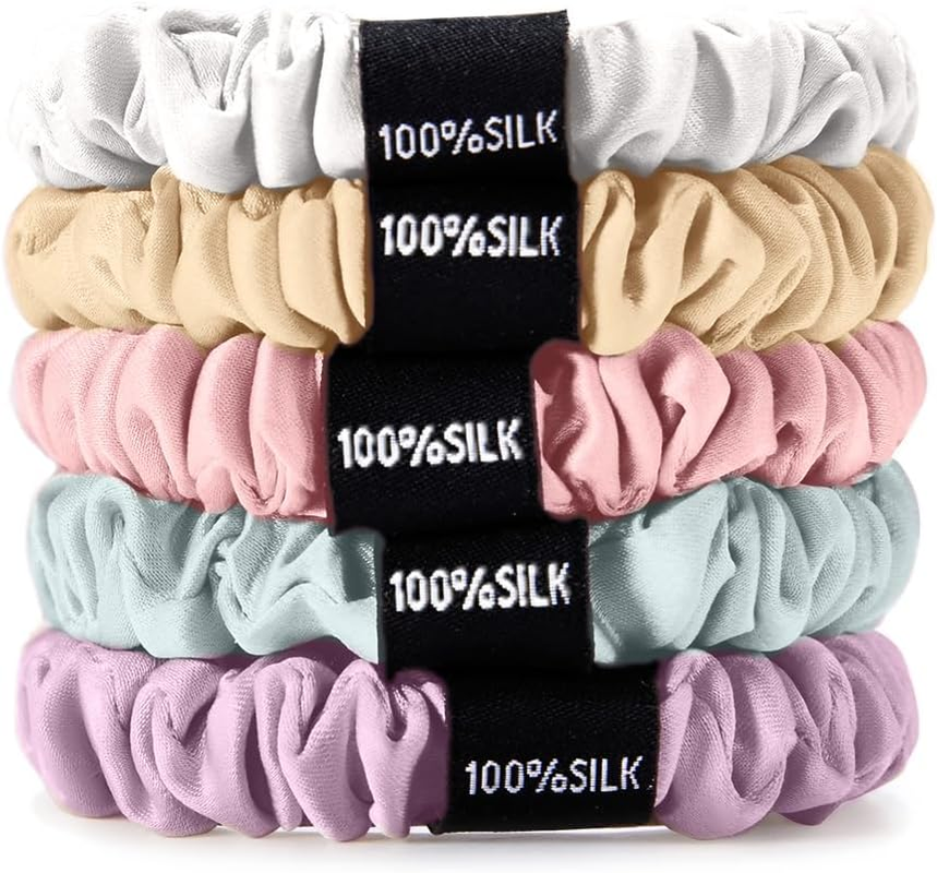 THXSILK Hair Silk Scrunchies with Bow for Women Pure Mulberry Silk Hair Cute Kitsch Scrunchies for Girls Women'S Thick Hair Grey