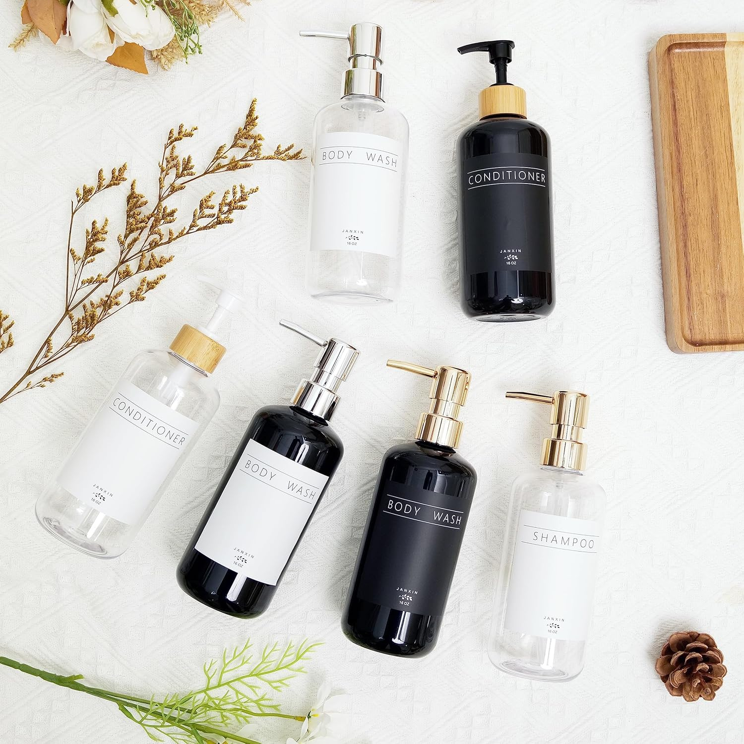 Janxin Shampoo and Conditioner Dispenser Set of 3,Modern Refillable 16Oz Shampoo and Conditioner Bottles with Pump,Stylish Shower Soap Dispenser with Waterproof Labels for Bathroom(Clear) image number 1