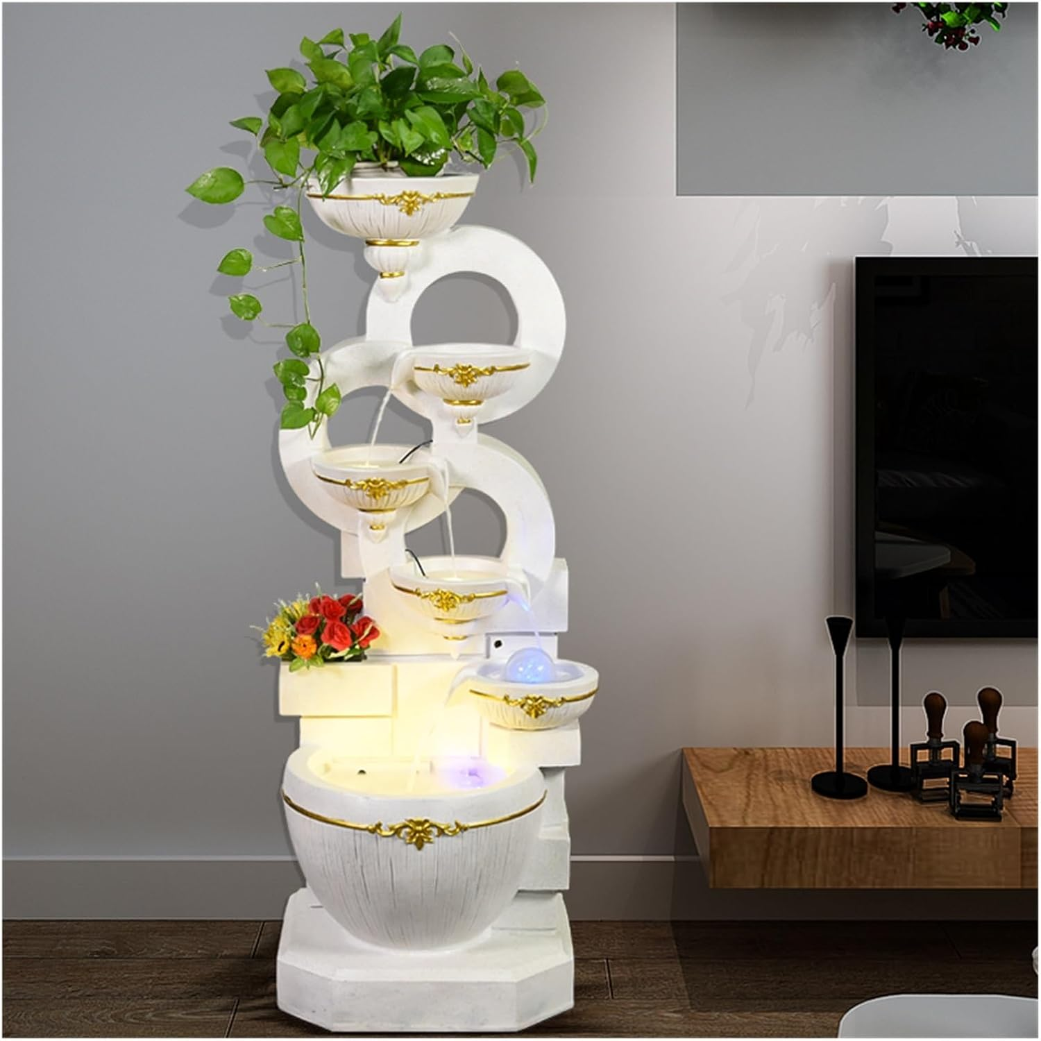 Outdoor Fountain Outdoor Water Fountains Decor Resin Indoor Fountain for Garden, Floor Patio, Deck, Porch, Backyard and Home Art (51.18Inch)(White) - Yellow image number 7