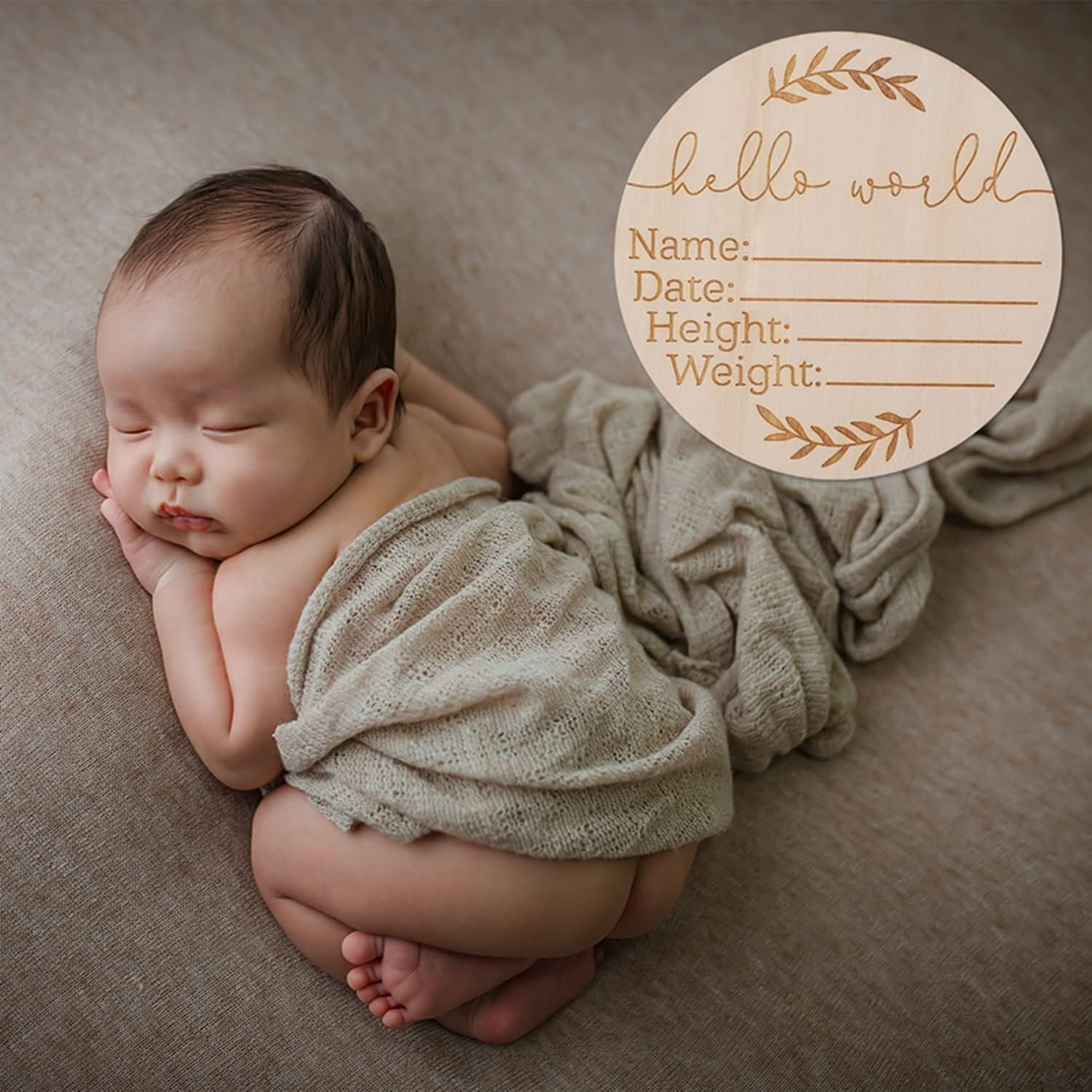 Birth Announcement Sign, 15Cm Wooden Baby Announcement Sign, Hello World Newborn Sign, Baby Name Announcement Sign for Photo Prop Baby Shower Nursery Gift (Round) image number 4
