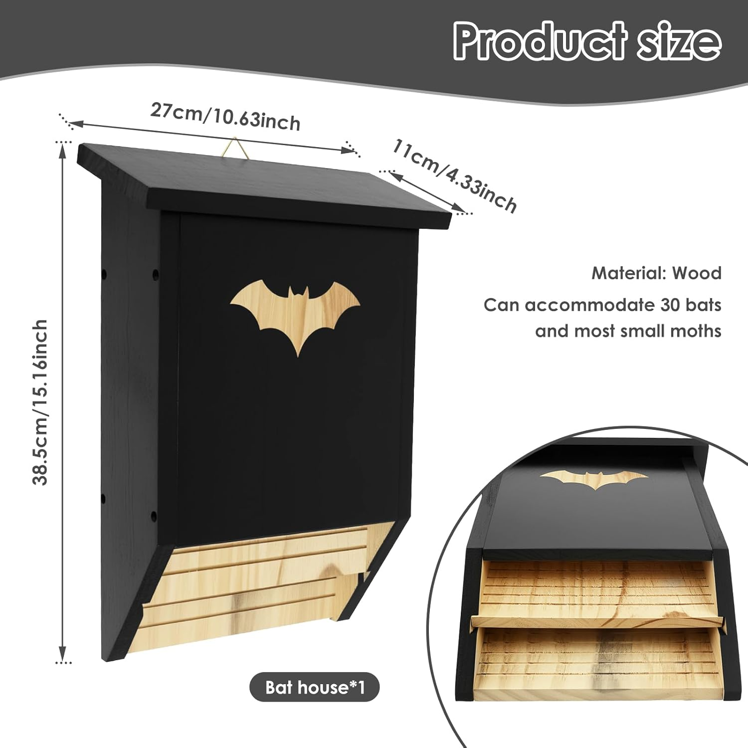 Bat House, Wood Hanging Bat Roost Provide Safe Habitat Wood Bat Box Nest Ample Internal Space Ventilated Moisture Proof for Yard Outdoor Moth image number 1