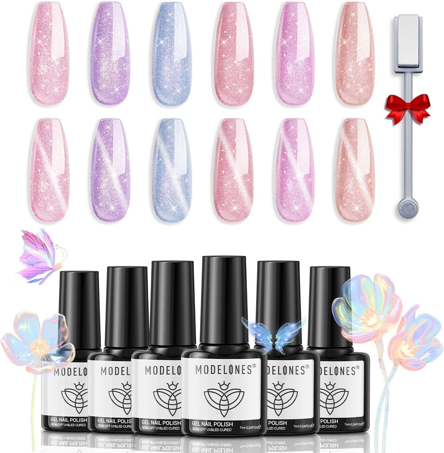 Modelones Holographic Glitter Cat Eye Gel Nail Polish Kit 6 Colors with Magnet Romantic Rainbow Galaxy Series Pastel Gel Polish Soak off Led Gel Nail Polish Set Nail Art Gel Manicure Salon DIY Gifts image number 6