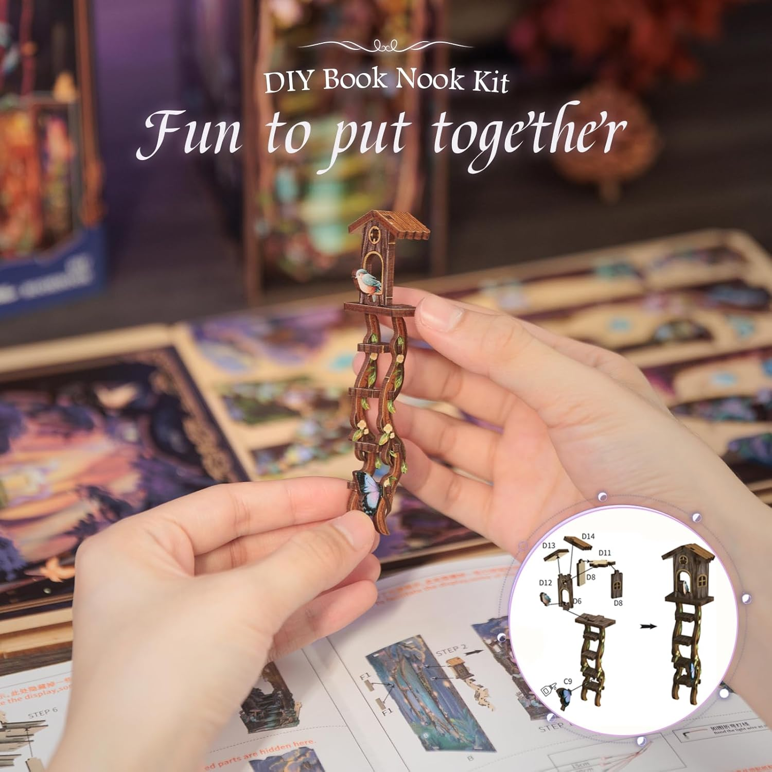 CUTEBEE Book Nook Kit - DIY Miniature House Dollhouse Kit for Adults and Teens, 3D Wooden Puzzle Booknook Build Bookshelf Decor, Gifts for Family and Friends (The Grace of the Forest) image number 6