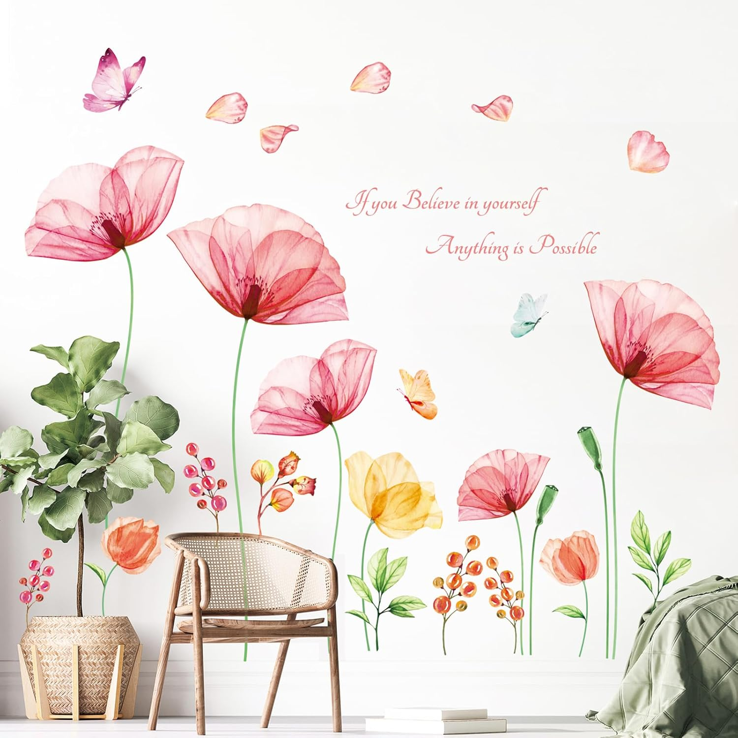 DECOWALL SG2-2206 Light Pink X-Ray Flowers Wall Decals Stickers Kids Peel and Stick Removable Nursery Room Floral Bedroom Living Peony Art D&eacute;cor Watercolor Butterfly Girls Decoration Rose Home DIY image number 4