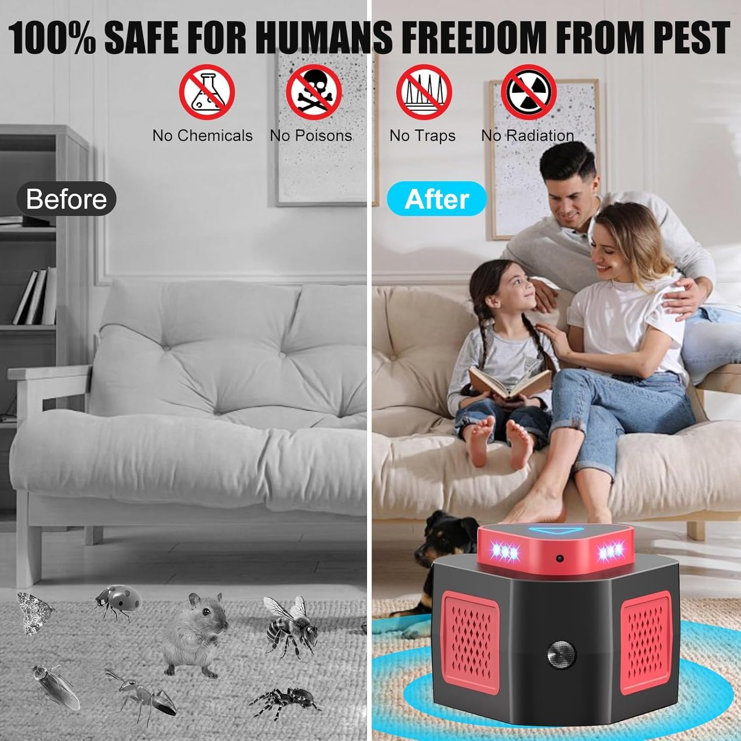 OBEST Ultrasonic Rat Repeller for Indoor,360-Degree All-Round Repeller for Mice and Pests,4 Working Modes Suitable for Kitchen,Living Room,Storage Room,Garage image number 2