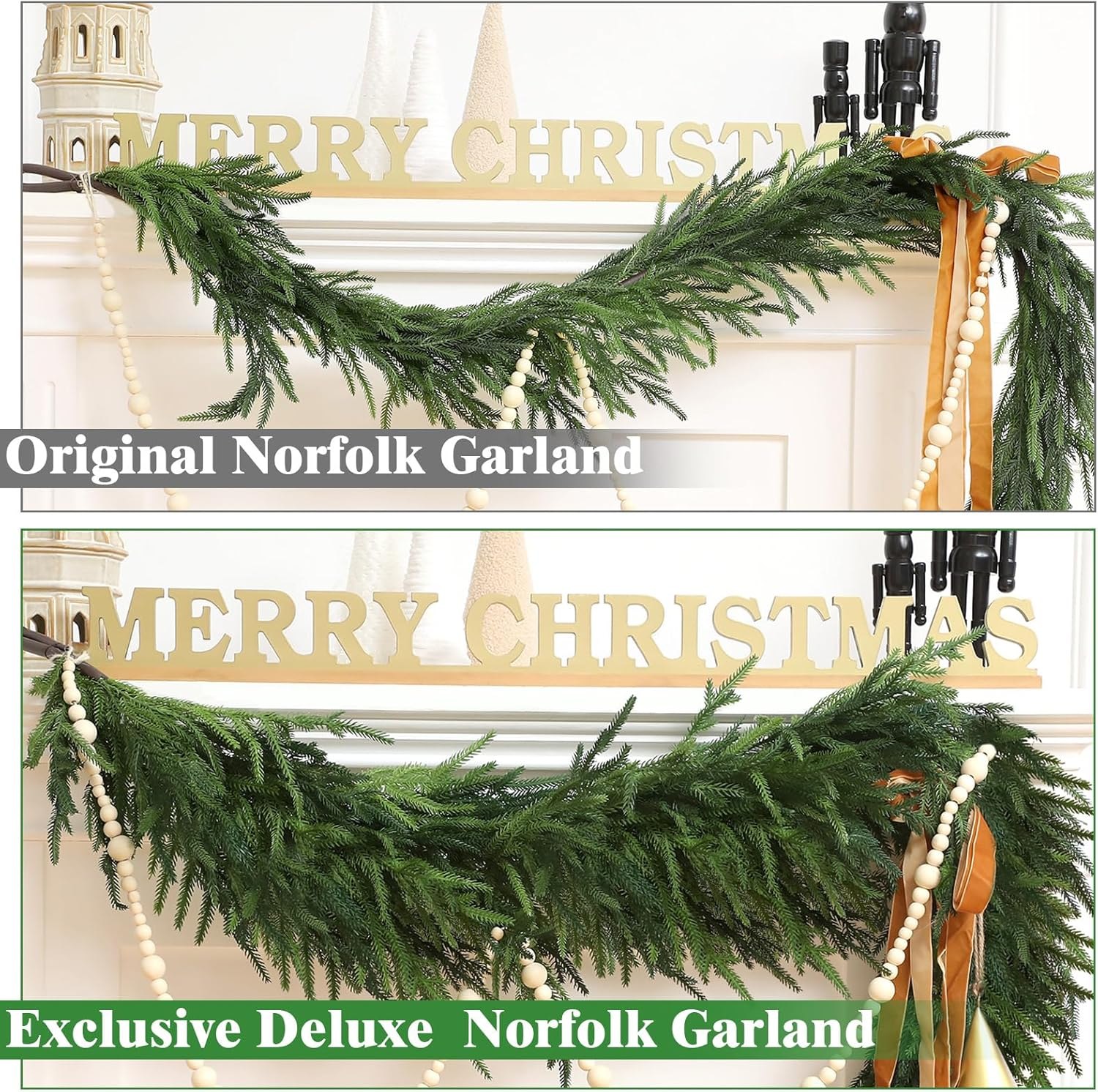 Jutom 9 Feet Christmas Deluxe Norfolk Pine Garlands Realistic Norfolk Pine Faux Greenery Garlands for Holiday Mantle Table Indoor Outdoor Wedding Christmas Decor(2 Pcs) image number 1