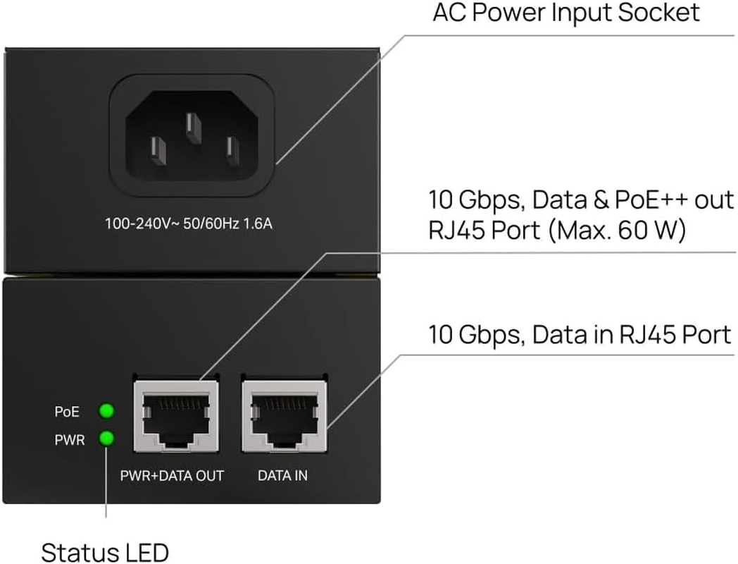 Omada 10G Poe++ Injector, up to 60W, Wall-Mounting and Desktop Design, Dual 10 Gigabit Ports, Auto-Determine Power Supply, Plug & Play, No Configuration Required, 3-Year Warranty(Poe370S) image number 2