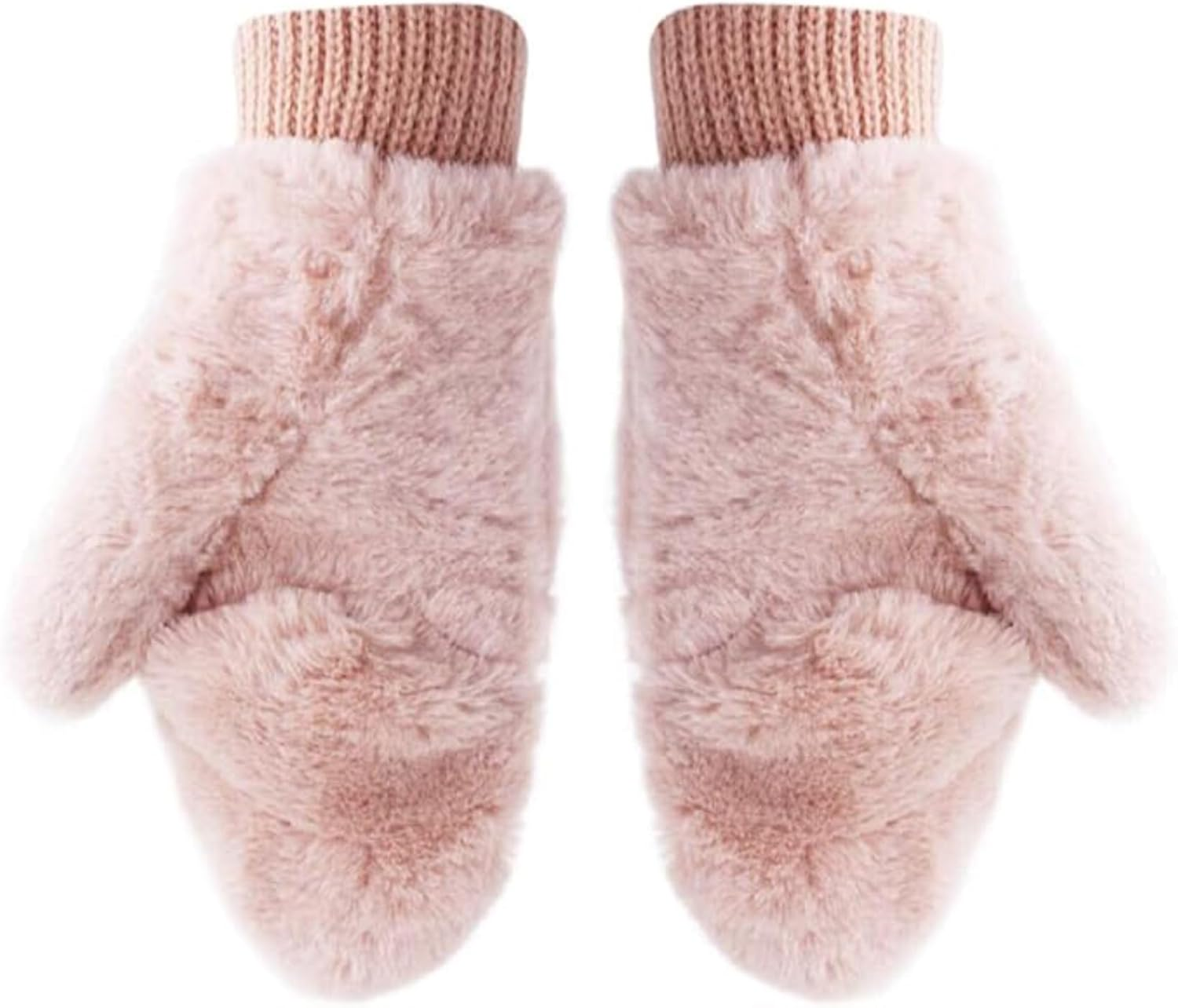 Women Winter Faux Fur Flip Cover Mittens Warm Soft Half Finger Fingerless Gloves(Pink) image number 1