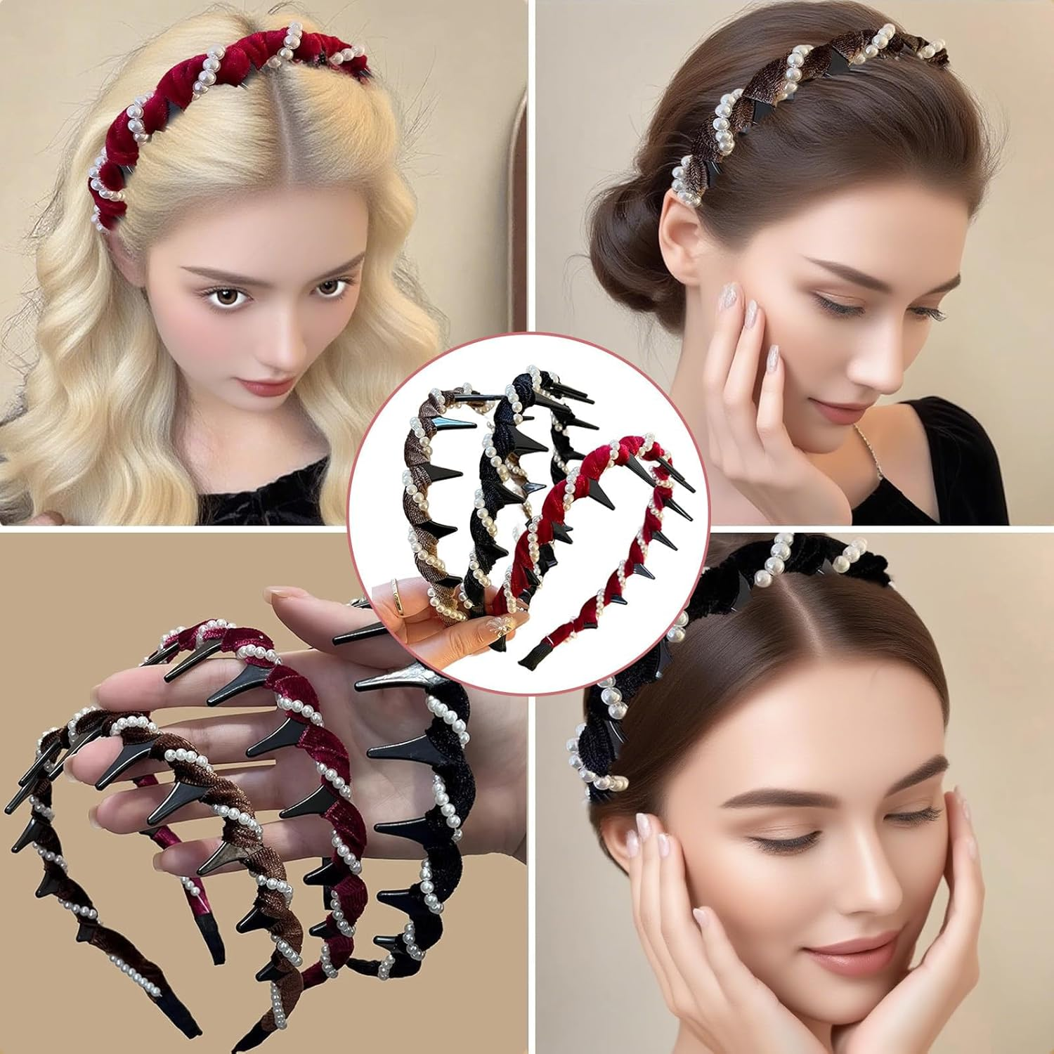 Celblisora 3-Pack Vintage Faux Pearl Skull Headband, Elegant Pearl Headbands, Teeth Headband for Women and Girls image number 2