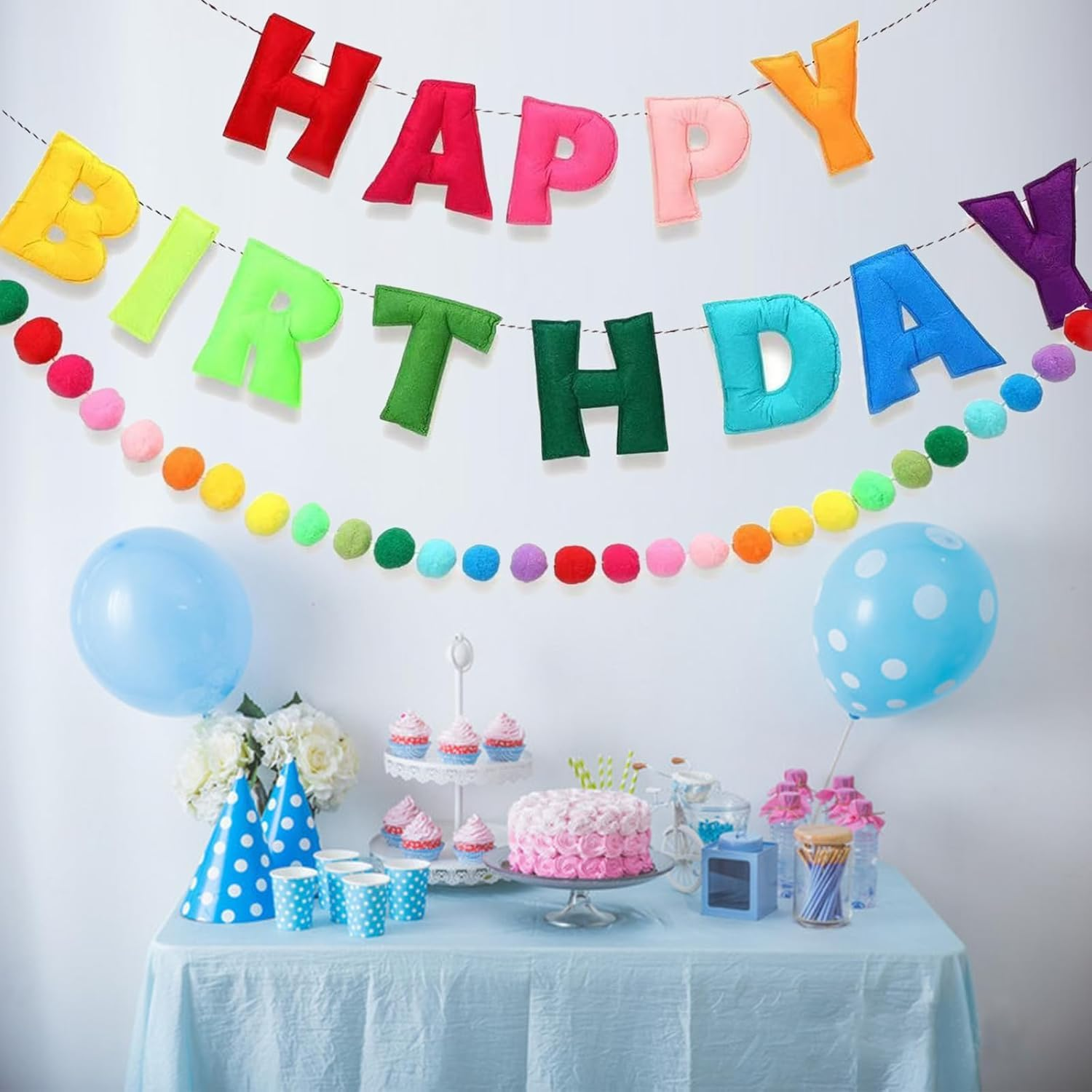 Lumjoy 118 Inch Pre-Strung Rainbow Felt Happy Birthday Banner & Felt Ball Garland Set image number 2