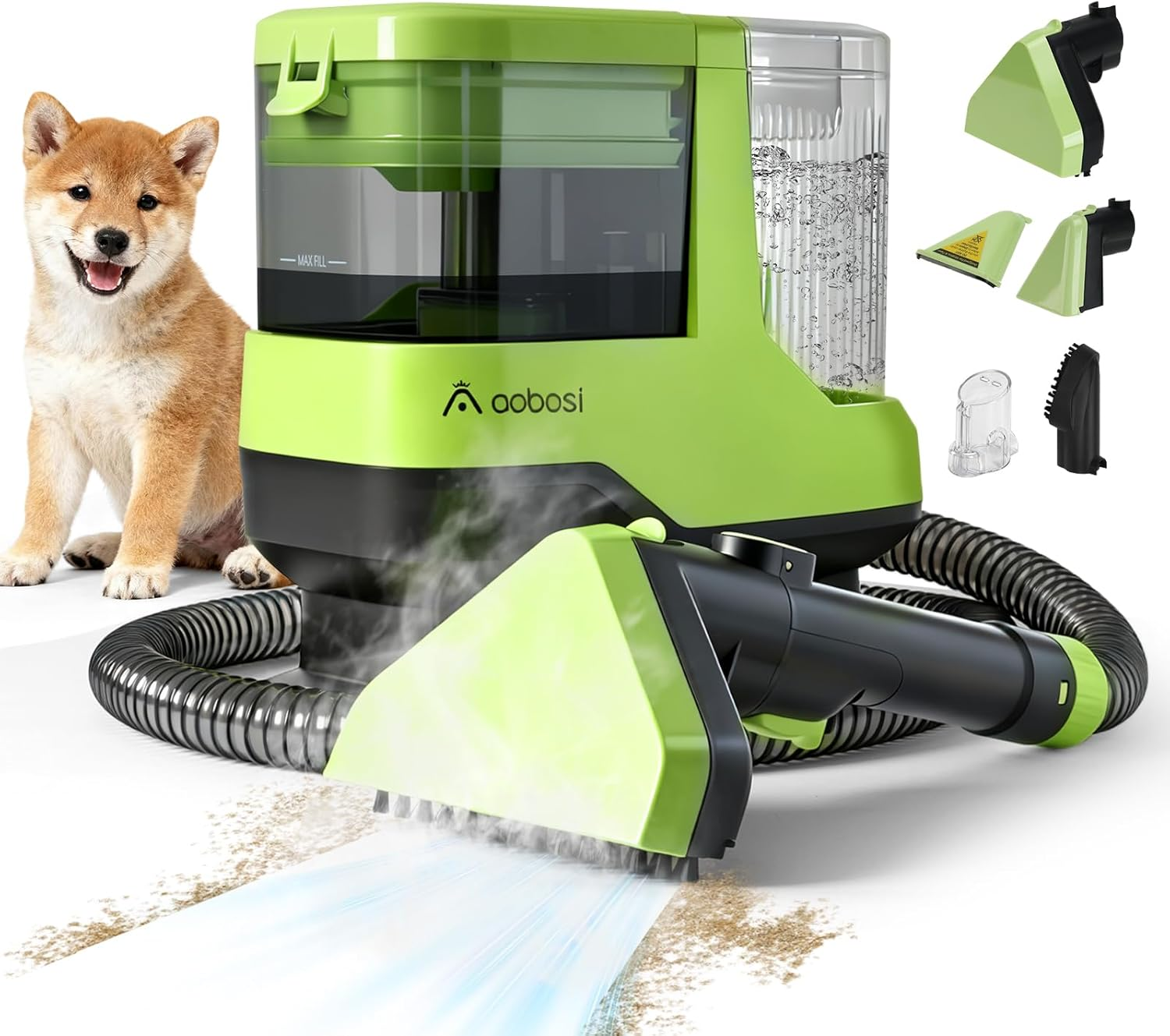 AAOBOSI 1800W Carpet and Upholstery Cleaner, Stain and Spot Remover with 17Kpa Suction, Self-Cleaning Function, 4 Cleaning Tools, Deep Cleaning for Pet Messes, Carpets, Rugs, Couch & Car, Green image number 2