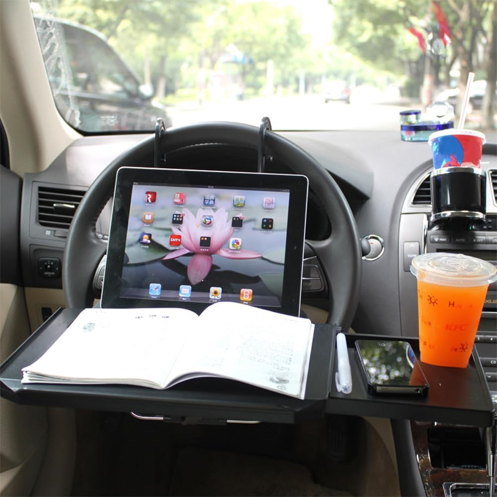 Eacam 2 in 1 Car Steering Wheel Tray/Back Seat Headrest Tray for Eating Food Drink and Writing Laptop Work, Black Car Desk image number 5