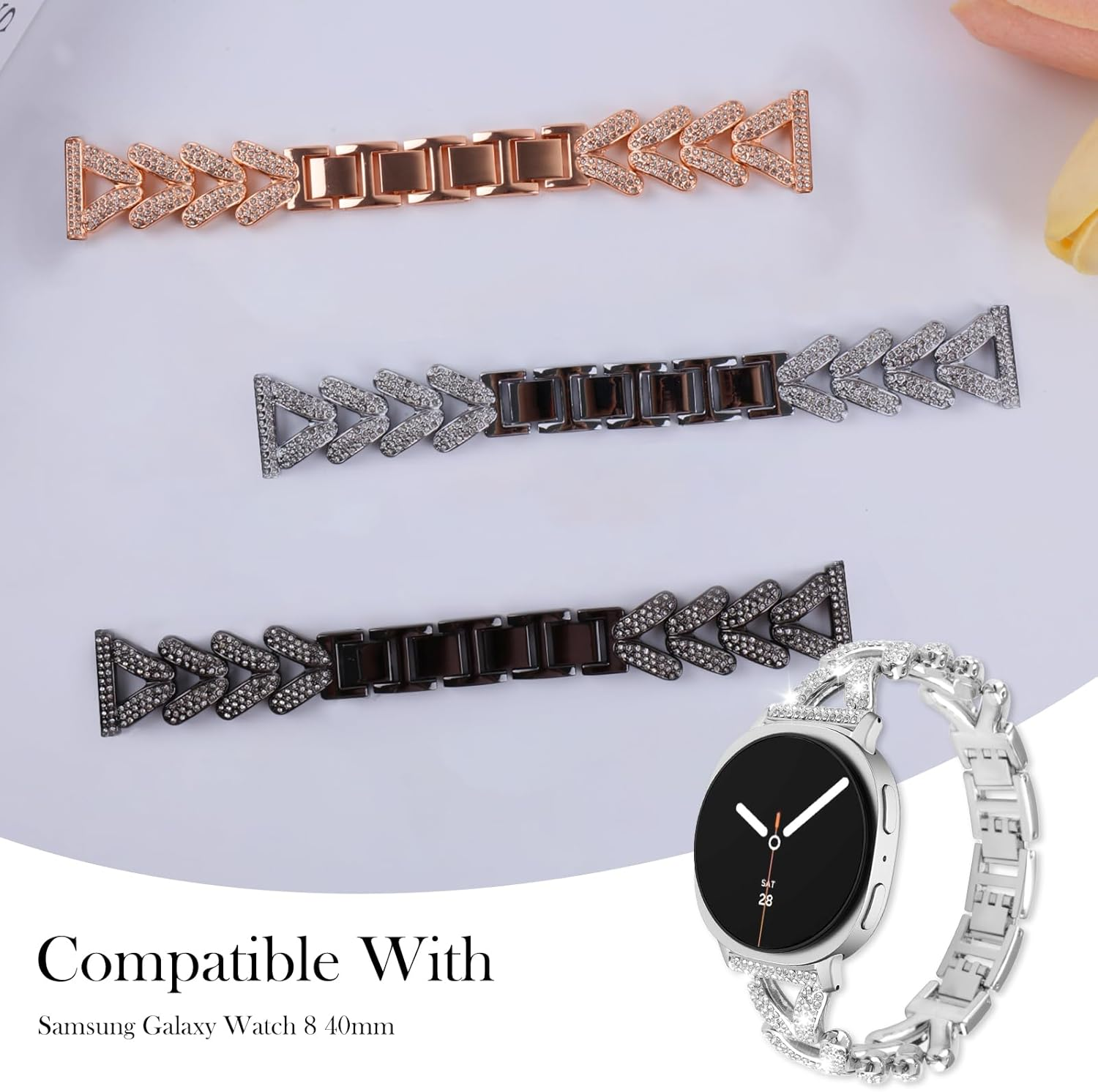 Wopail Metal Bracelet for Samsung Galaxy Watch 8 40 Mm 44 Mm, Stainless Steel Replacement Strap Women'S Bracelet with Diamonds Rhinestones for Samsung Galaxy Watch 8 Classic 46 Mm image number 1
