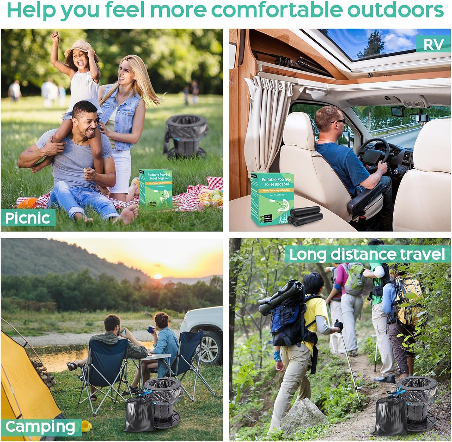 30 Portable Toilet Bags Poo Gel Set, 8 Gallon Camping Toilet Bags with Portable Absorbent Toilet Gel, Urine Powder with Potty Trash Waste Bags for Outdoor Camping, Traveling, Emergency image number 4