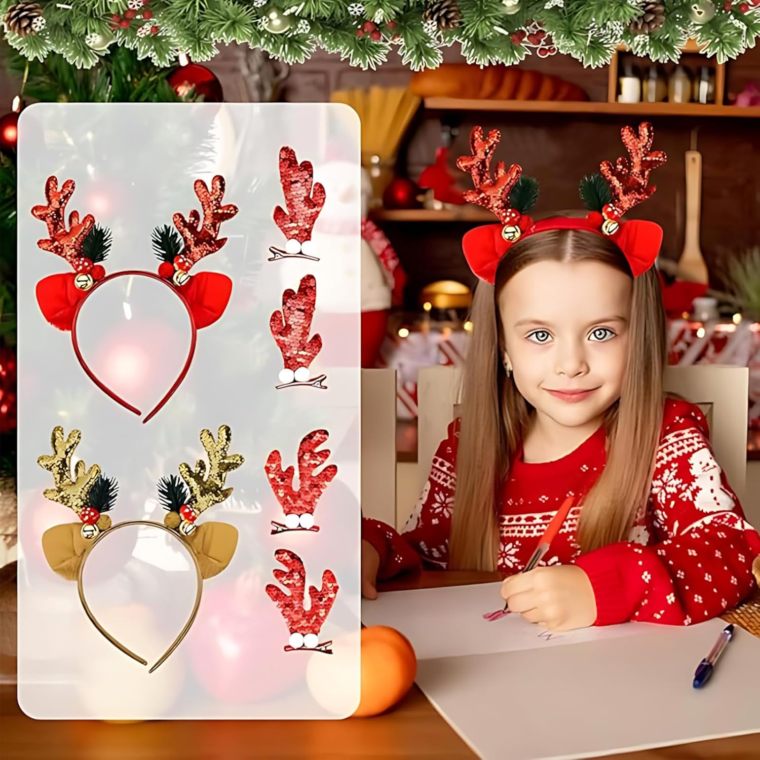 Itadaku 6 PCS Christmas Headbands for Women and Girls, Reindeer Antler Decorative Hairbands for Holiday Parties and Festive Outfits image number 1