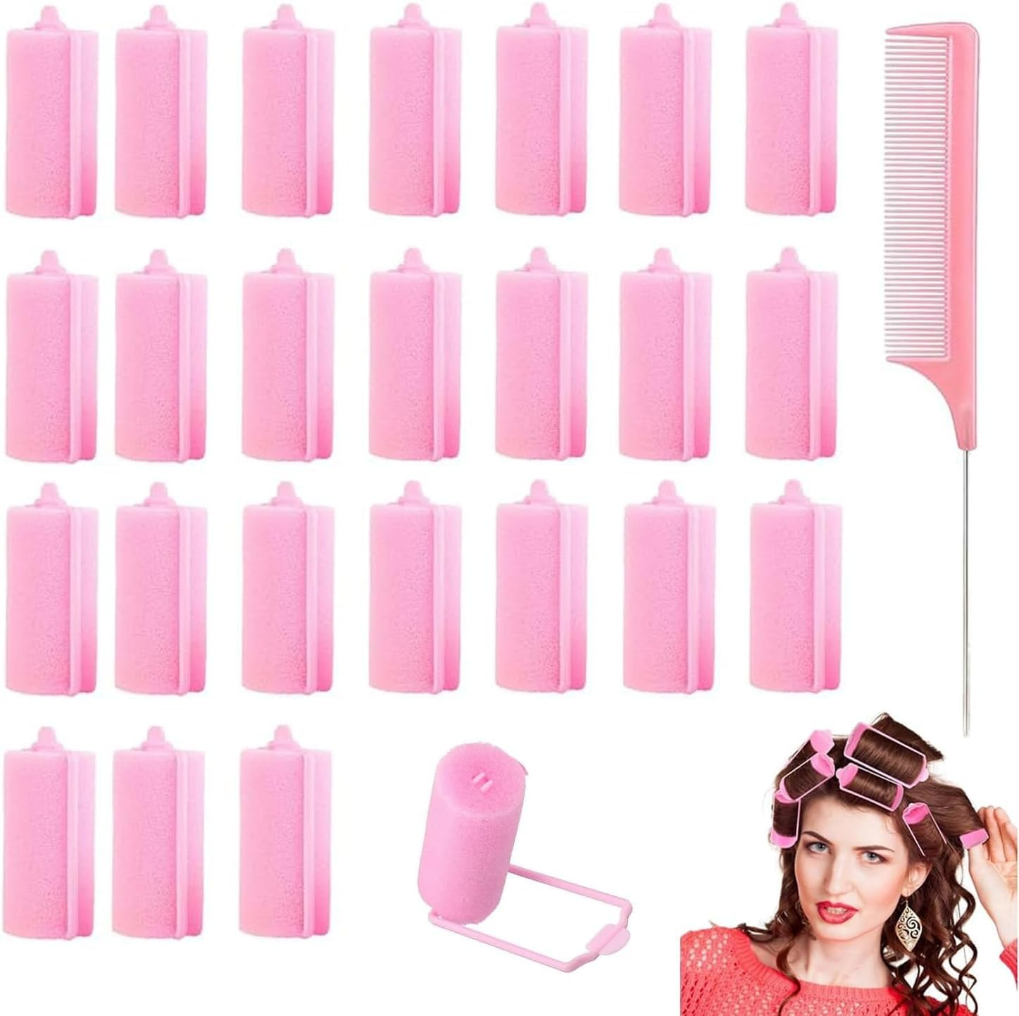 25 Piece Pink Foam Sponge Hair Curlers and Combs,Heatless, Soft and Flexible Styling Curlers for Medium Length Hair image number 4