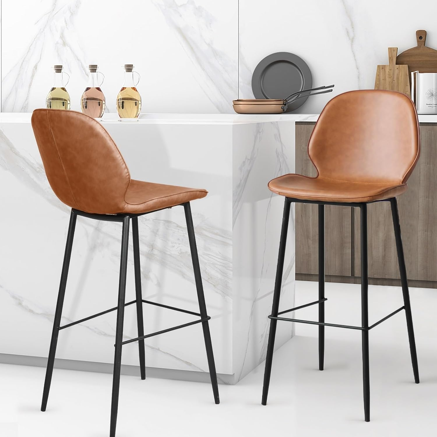 LEVEDE Bar Stools Set of 2, Bar Chairs with Backrest and Footrest, PU Leather Dining Chairs Indoor Outdoor, Kitchen Counter Stools for Home Bar, Dining Room, Living Room, Cafe (Brown) - Grey image number 4