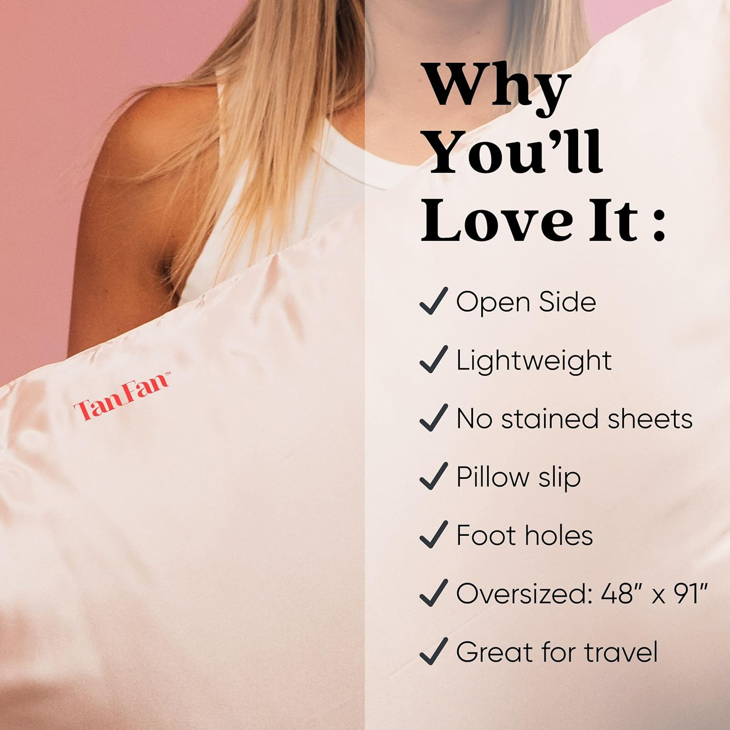 Self Tan Sleep Sac W Open Side Top Sheet &ndash; Summer Edition (Pink) &ndash; Loose + Cool to Kick off or Leave on &ndash; No Tanner Transfer Guarantee &ndash; Lightweight, Silky, Non-Sticky &ndash; Large Inc Pillowcase image number 2