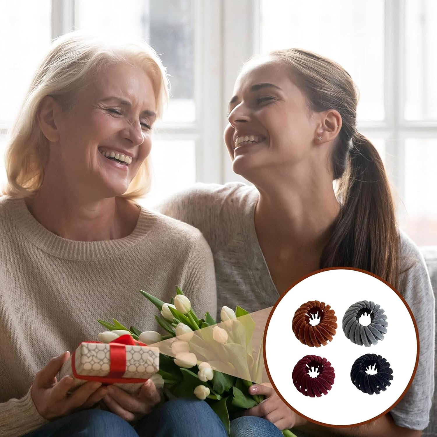 Hair Accessories for Women, Ponytail Holder, Hair Scrunchie Set, 4 Pieces, Bird Nest Hair Clips, Stretchy from 6-13 Cm, Black, Burgundy, Grey, Brown, Volume-Saving for Ponytail image number 1